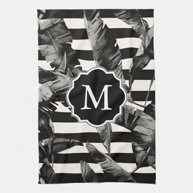 Black and White Tropical Leaves Tea Towel (Vertical)