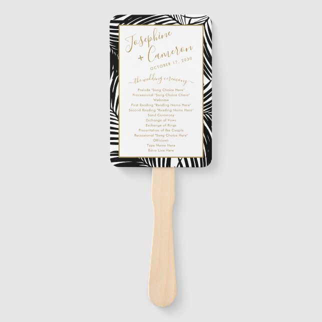 Black and White Tropical Palm Leaf Wedding Program Hand Fan (Front)