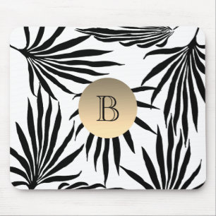 Black and White Tropical Palm Monogrammed Modern Mouse Pad