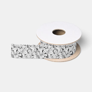 Black and white tropical plants satin ribbon