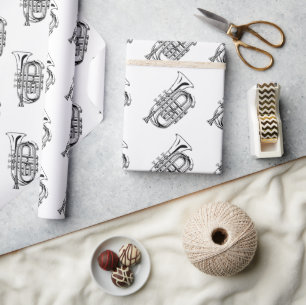 Black and White Trumpet Sketch Musical Instrument Wrapping Paper