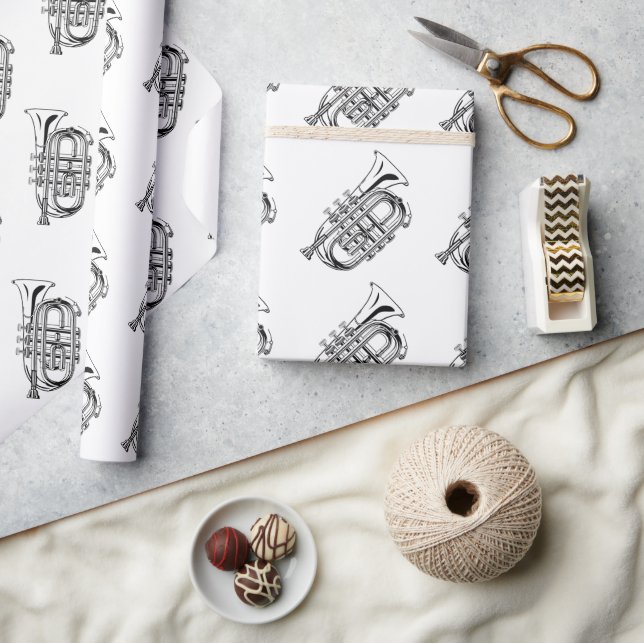Black and White Trumpet Sketch Musical Instrument Wrapping Paper (Crafts)