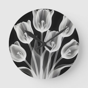 Black and White Tulips Elegant Monochrome Round Clock