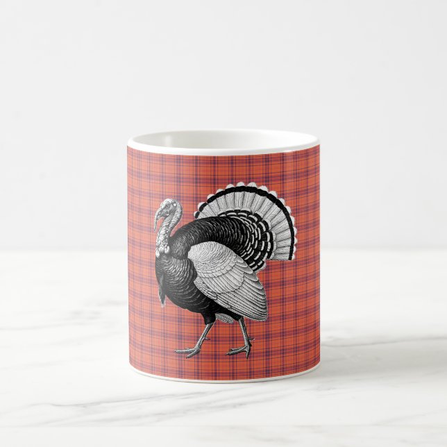 Black and White Turkey Orange Plaid Thanksgiving Coffee Mug (Center)