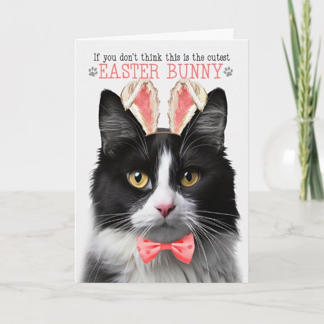 Black and White Tuxedo Cat Bunny Ears for Easter Holiday Card (Front)