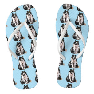 Black and White Tuxedo Cat Cats Cute Blue  Thongs