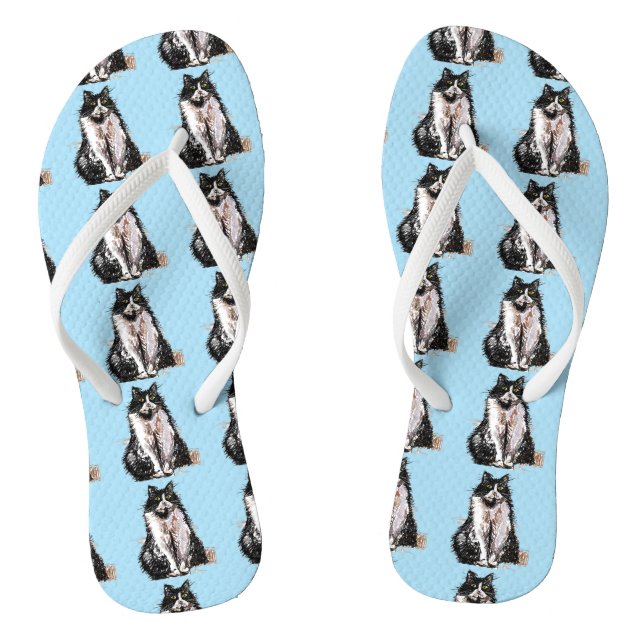 Black and White Tuxedo Cat Cats Cute Blue  Thongs (Footbed)