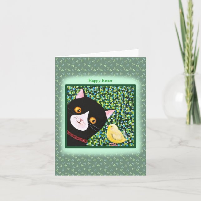 Black and white Tuxedo Cat Chick Happy Easter  Card (Front)