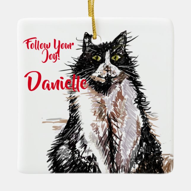 Black and White Tuxedo Cat Childs Name Decoration (Front)