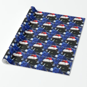 Black and white tuxedo cat christmas hat tinsel wrapping paper
