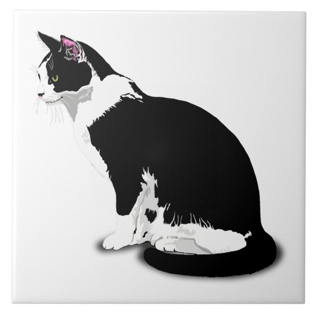 Black and White Tuxedo Cat Custom Ceramic Tile (Front)