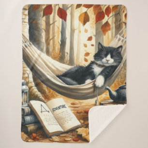Black and White Tuxedo Cat Dreaming of Adventure Sherpa Blanket