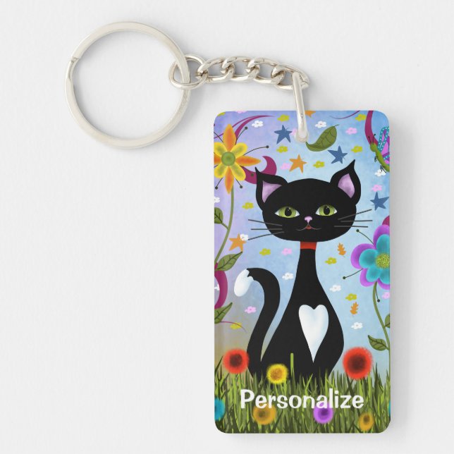 Black And White Tuxedo Cat In A Garden Personalise Key Ring (Front)