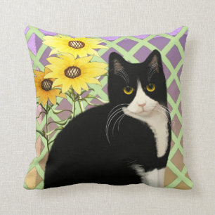 Black and White Tuxedo Cat in the Garden Cushion