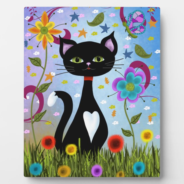 Black And White Tuxedo Cat In The Garden Plaque (Front)
