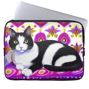 Black and White Tuxedo Cat on a Cushion Laptop Sleeve