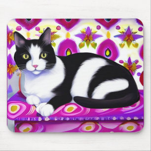 Black and White Tuxedo Cat on a Cushion Mouse Pad
