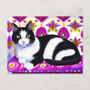 Black and White Tuxedo Cat on a Cushion Postcard