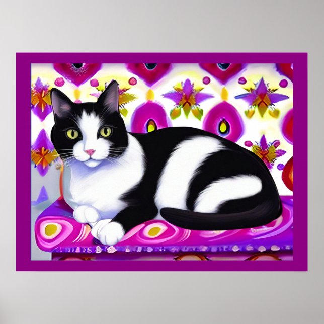 Black and White Tuxedo Cat on a Cushion  Poster (Front)