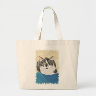 Black and White Tuxedo Cat on Blue, bags