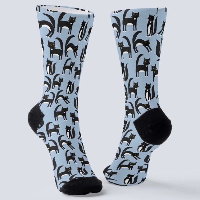 Black and White Tuxedo Cat Pattern Blue Socks (Black and white tuxedo cat pattern on a blue background on socks)