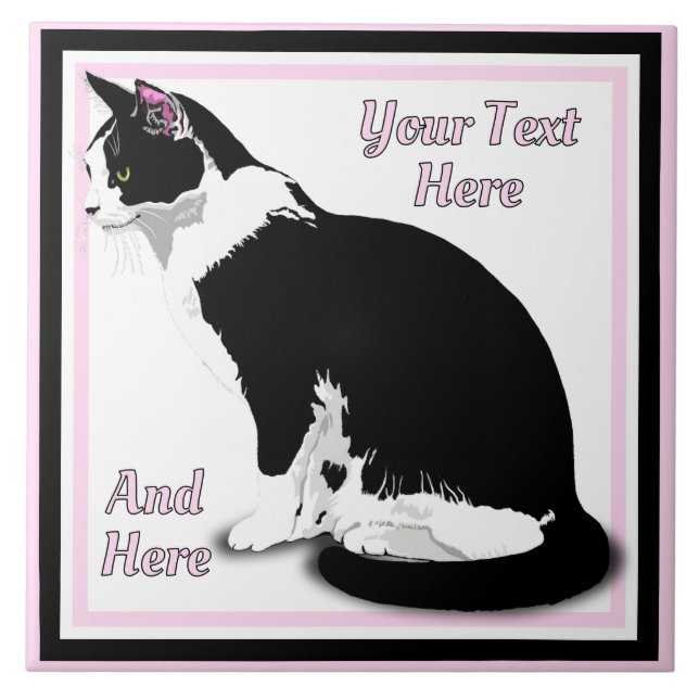 Black and White Tuxedo Cat Personalised Ceramic Tile (Front)