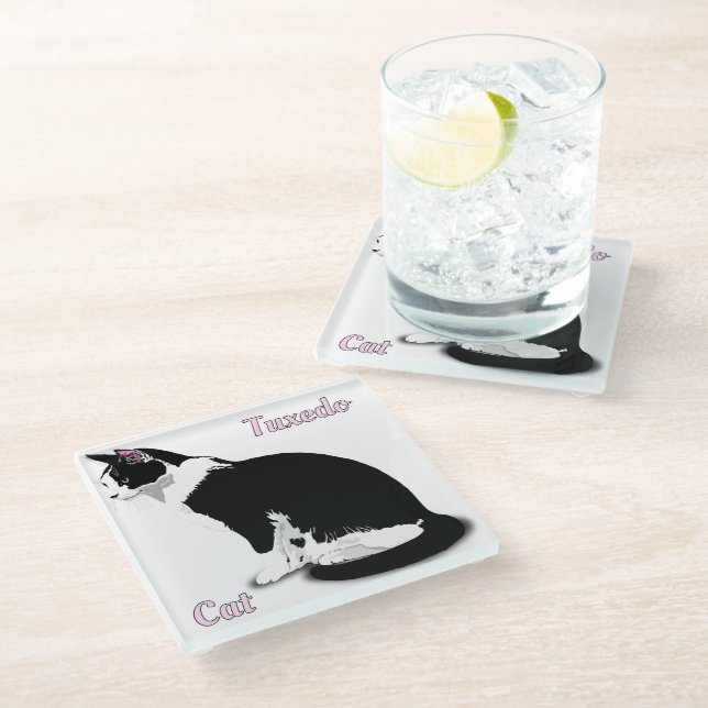 Black and White Tuxedo Cat Personalised Glass Coaster (Angled)