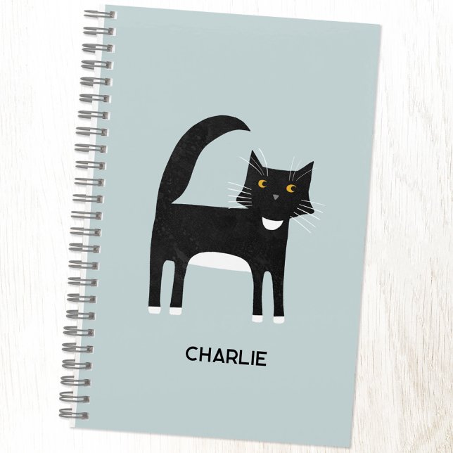 Black and White Tuxedo Cat Personalised Notebook (Fun black and white tuxedo cat personalized custom name notebook for animal lovers)
