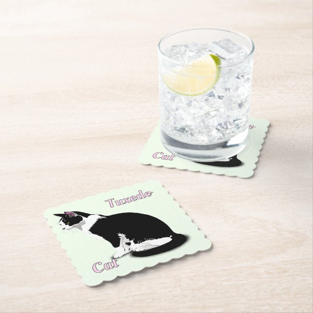 Black and White Tuxedo Cat Personalised Paper Coaster (Insitu)