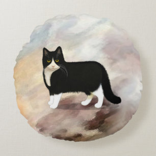 Black and White Tuxedo Cat Round Cushion