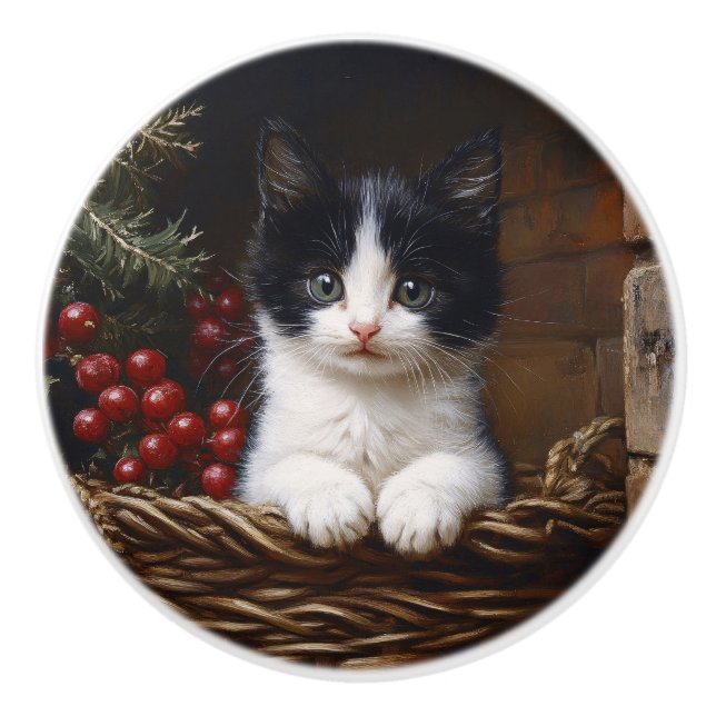 Black and White Tuxedo Cat Winter Scene Painting Ceramic Knob (Front)
