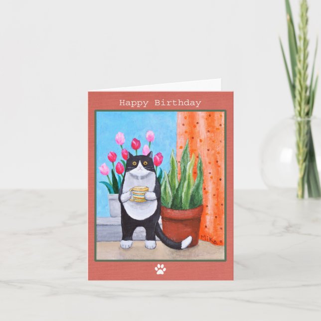 Black and white Tuxedo Cat with coffee Birthday Card (Front)