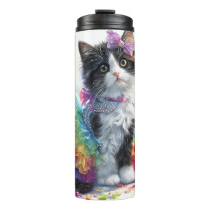 Black and White Tuxedo Floral Rainbow Summer Cat Thermal Tumbler