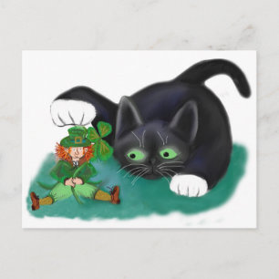 Black and White Tuxedo Kitten Tags his Leprechaun Postcard
