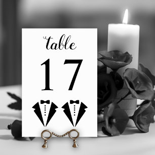 Black and white tuxedo two grooms gay wedding table number
