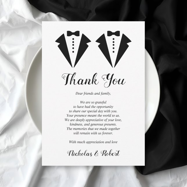 Black and white tuxedo two grooms gay wedding thank you card (Creator Uploaded)