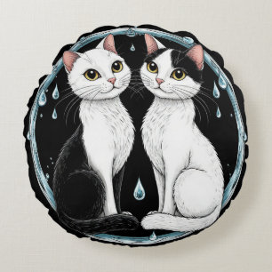 Black and White Twin Cats Sitting Together Round Cushion
