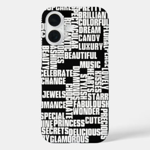 black and white typographic girly-world iPhone 16 case
