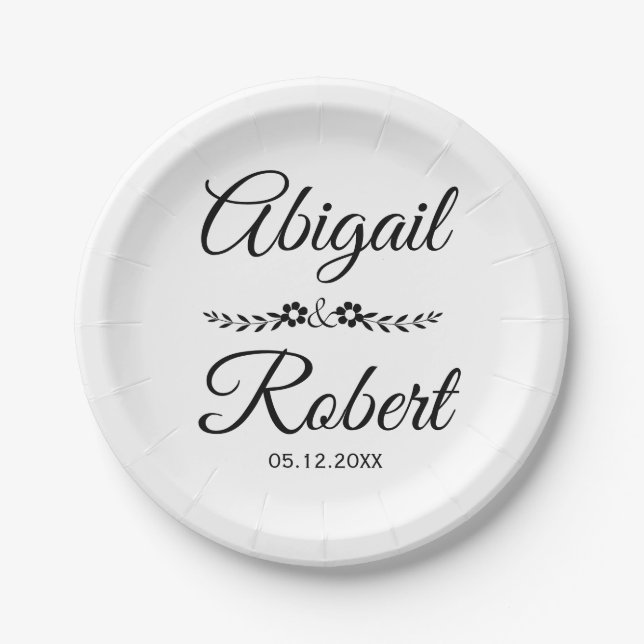 Black and white typography and flowers wedding paper plate (Front)
