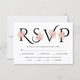 Black and white typography,  pink roses RSVP card