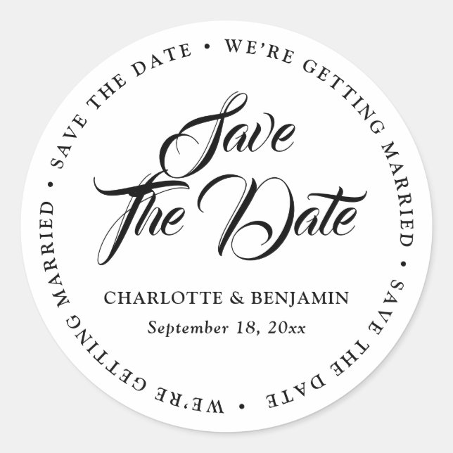 Black and White Typography Wedding Save The Date Classic Round Sticker (Front)