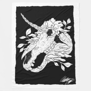 Black and white unicorn skull fleece blanket