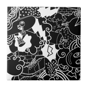 Black and White Urban Graffiti pattern Ceramic Tile