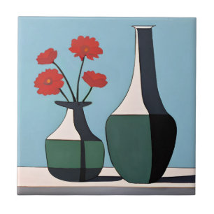 Black and White Vases with Red Flowers Ceramic Tile
