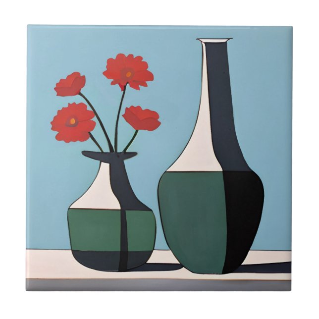 Black and White Vases with Red Flowers  Ceramic Tile (Front)