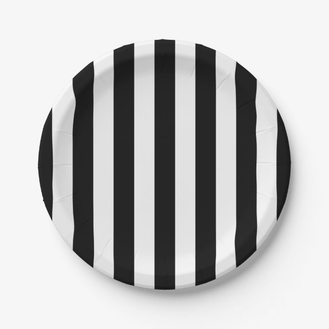 Black and White Vertical Referee Stripes Paper Plate (Front)