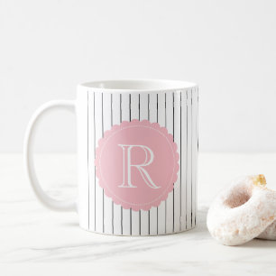 Black and White Vertical Stripes Blush Monogram Coffee Mug