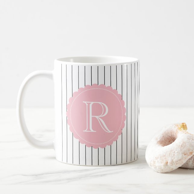 Black and White Vertical Stripes Blush Monogram Coffee Mug (With Donut)
