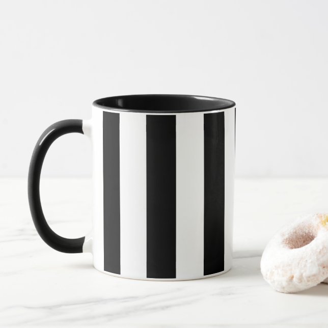 Black and White Vertical Stripes Mug (With Donut)
