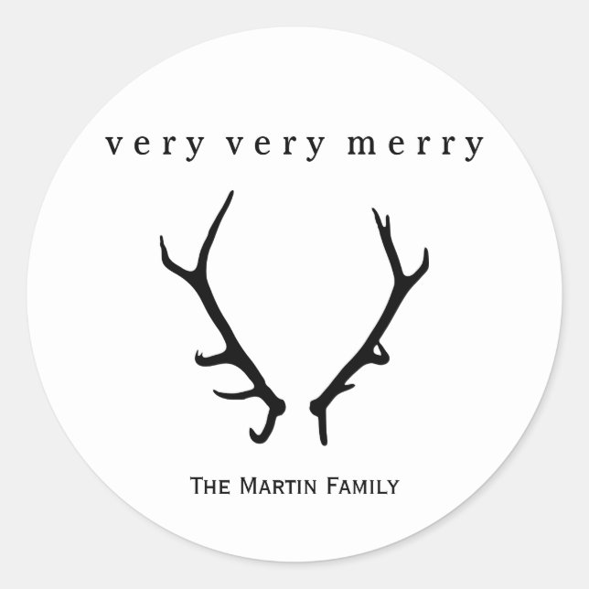 Black and White Very Very Merry with Antlers Classic Round Sticker (Front)